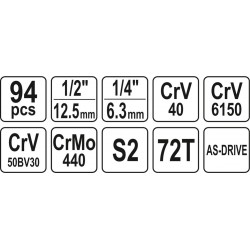 Galvučių ir įrankių rinkinys 1/2 + 1/4 94 d.