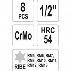 Smūginių antgalių rinkinys RIBE, RM5-RM13, 1/2″, ilgi, 8vnt., YATO