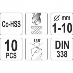 Grąžtų rinkinys metalui CO-HSS 1-10mm 10 vnt.