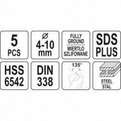 Grąžtų rinkinys metalui HSS 6542 5 vnt. SDS Plus