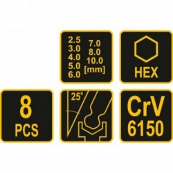 L tipo šešiakampių rinkinys, su rankena ir šarnyrų HEX, 8vnt.