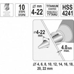 Pakopinis grąžtas skylės platinimui, 4-22mm, YATO