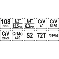 Įrankių komplektas 1/2' ir1/4', 108vnt