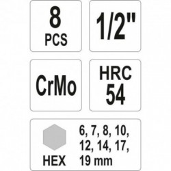 Smūginių antgalių rinkinys HEX, 6-19mm, 1/2″, ilgi, 8vnt, YATO