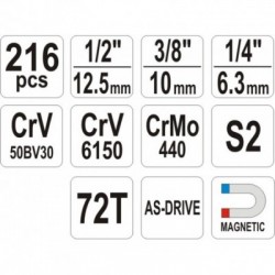 Galvučių ir raktų komplektas 1/2 216 vnt.