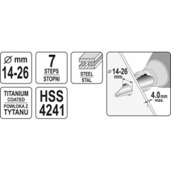 Pakopinis grąžtas skylės platinimui, 14-26mm, YATO