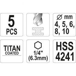 Grąžtų rinkinys HSS 1/ 4" (5vnt)(titano) 4.0-10.0mm