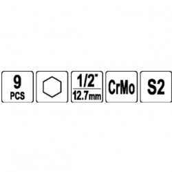 1/ 2" Galvučių smūginių su antgaliais rinkinys (HEX) (9vnt)