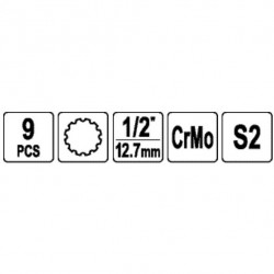 1/ 2" Galvučių smūginių su antgaliais rinkinys (SPLINE) (9vnt)