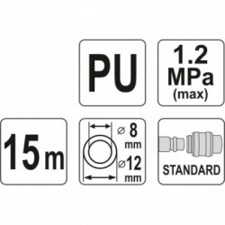 Spiralinė pneumatinė žarna 8mm x 12mm x 15m, su greitomis jungtimis, PU poliuretanas, YATO