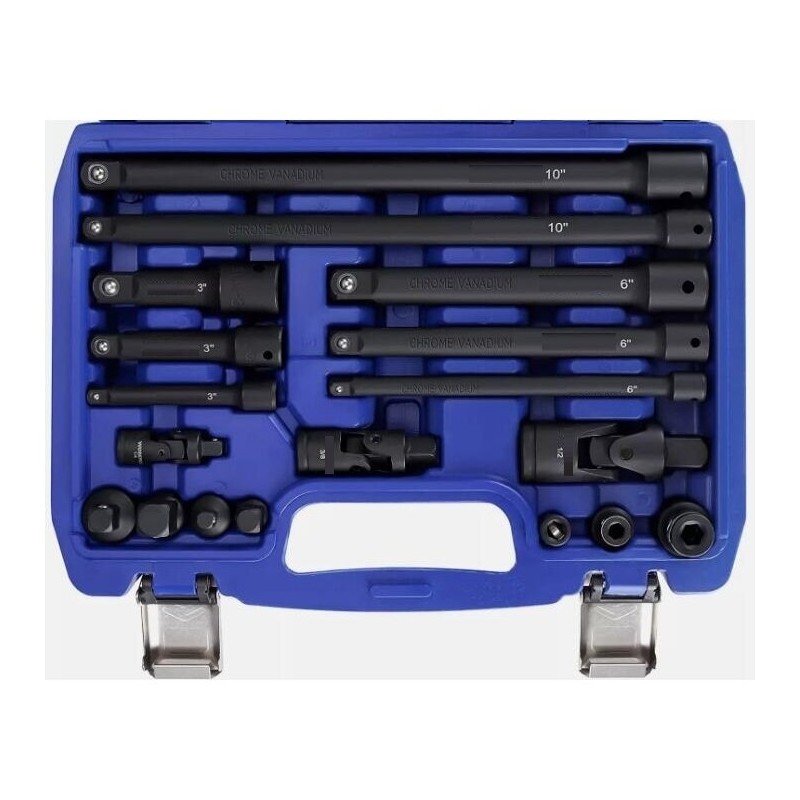Smūginių prailgintojų ir adapterių rinkinys 1/ 4"+3/ 8"+1/ 2" 18vnt. Smūginių prailgintojų ir adapterių rinkinys 1/ 4"+3/ 8"+1/ 2" 18vnt.
