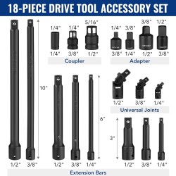 Smūginių prailgintojų ir adapterių rinkinys 1/ 4"+3/ 8"+1/ 2" 18vnt.
