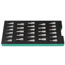 Padėklas. Galvučių su antgaliais rinkinys 3/ 8" (pl./ PH/ PZ/ HEX/ torx) 28vnt.
