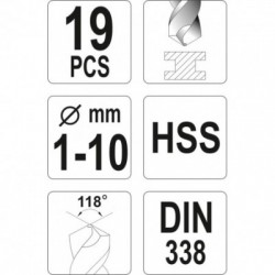 Grąžtų rinkinys metalui HSS 19 vnt. 1-10 mm