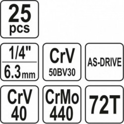 Galvučių rinkinys su terkšle 1/4(6.3 mm) 25vnt.