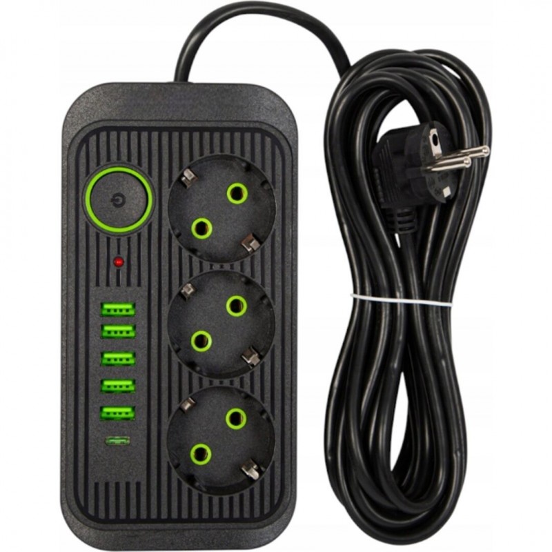 Elektrinis ilgintuvas 5 metrai, 3 lizdai +5*USB ir +USB-C, jungiklis