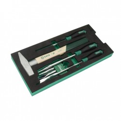 Padėklas. Plaktuko, kaltų ir smūginių atsuktuvų rinkinys 9vnt. Padėklas. Plaktuko, kaltų ir smūginių atsuktuvų rinkinys 9vnt.