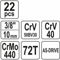 Galvučių su terkšlė komplektas 22vnt, 3/8"(10mm)