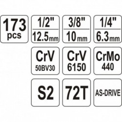 Galvučių ir raktų rinkinys 173vnt., 1/2' 3/8' 1/4', XXL