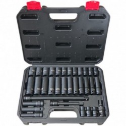 Smūginių galvučių rinkinys, ilgos/trumpos 1/2″, 8-22mm, ilgintuvai, šarnyras, 33 vnt.