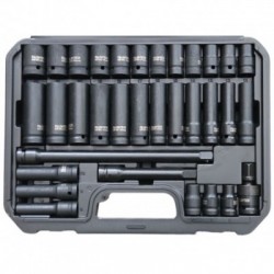 Smūginių galvučių rinkinys, ilgos/trumpos 1/2″, 8-22mm, ilgintuvai, šarnyras, 33 vnt.