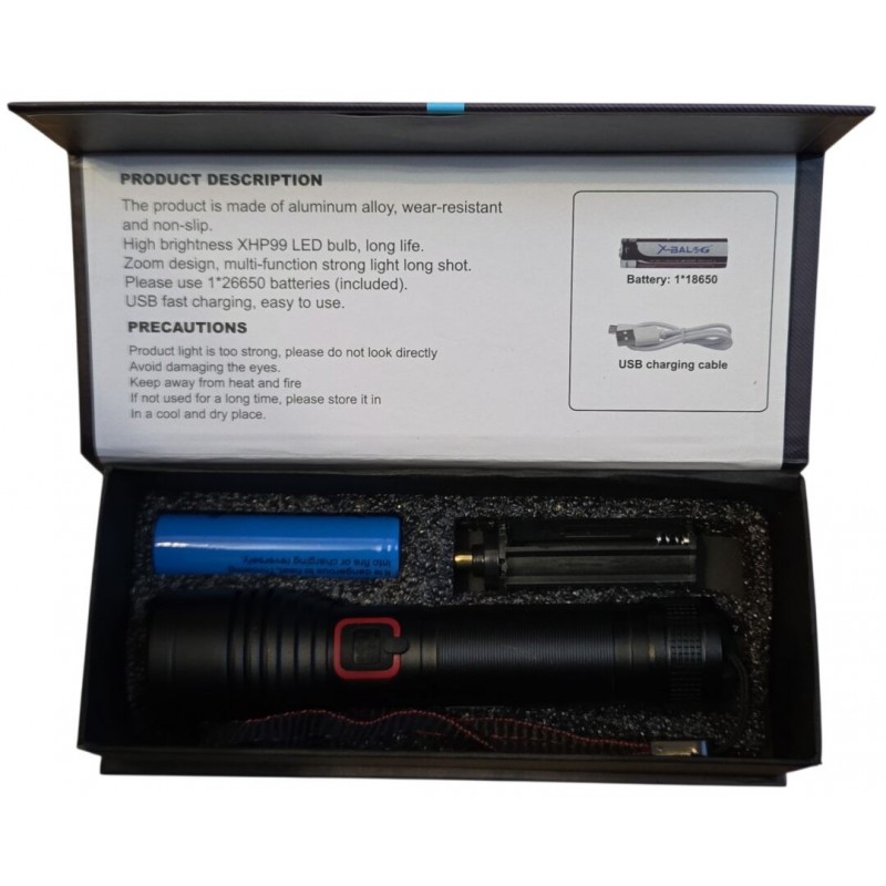 Profesionalus prožektorius įkraunamas su CREE XHP99, viena funkcija įjungti/išjungti.