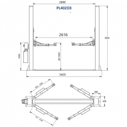 Hidraul. dviejų kolonų keltuvas su mech. saugumo fiksatoriais (3 pakopų letenos), 4.0t 380V