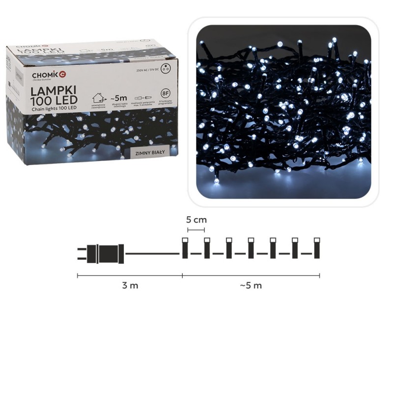 Kalėdinės LED girliandos, 100 LED, šaltai balta šviesa, 5 m