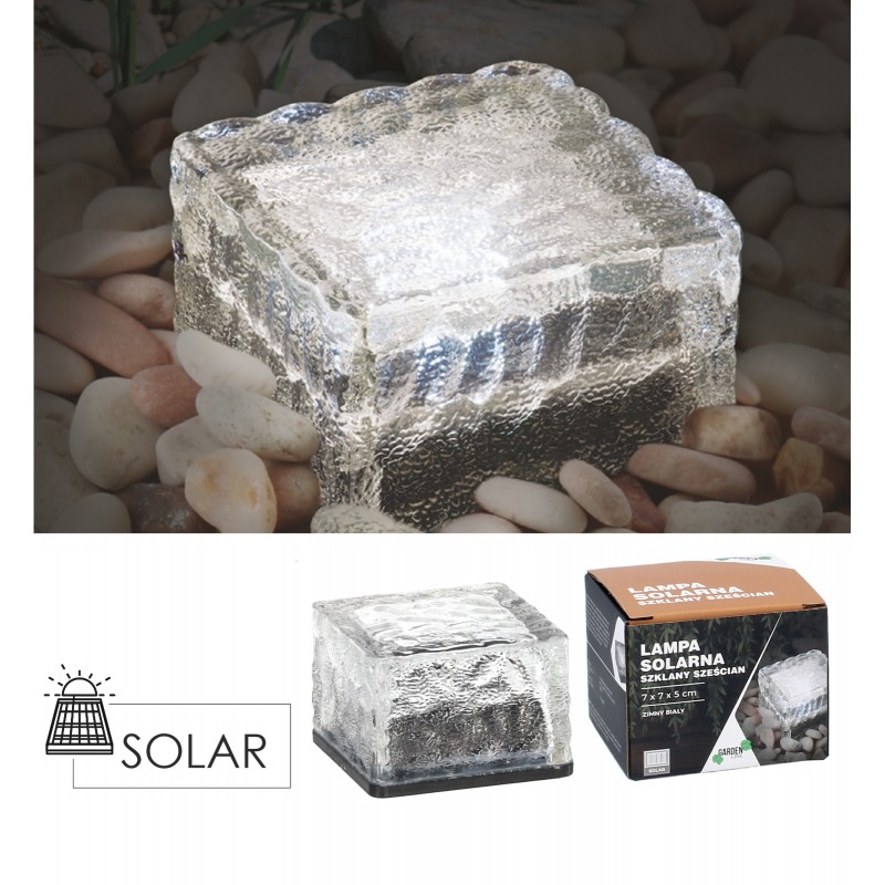 Stiklinė saulės lempa – kubas 7 × 7 × 5 cm, šaltai balta LED