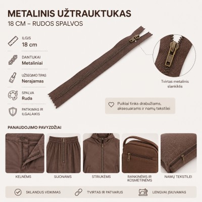 Metalinis užtrauktukas 18 cm – tamsiai rudos spalvos