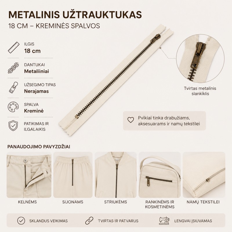 Metalinis užtrauktukas 18 cm – baltos spalvos