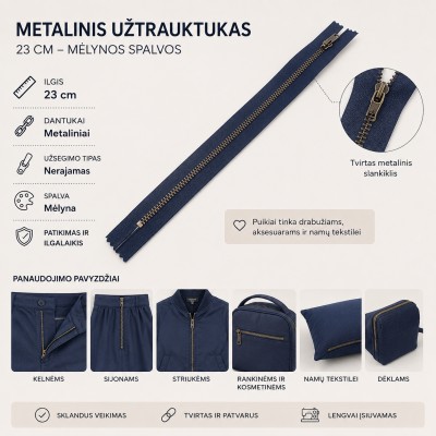 Metalinis užtrauktukas 24 cm – mėlynos spalvos