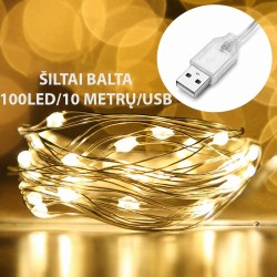 USB LED girlianda, 100 LED, 10 m, šiltai balta