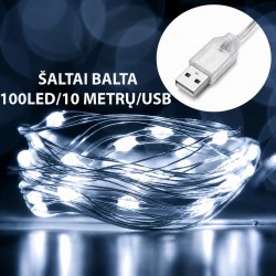 USB LED girlianda, 100 LED, 10 m, šaltai balta
