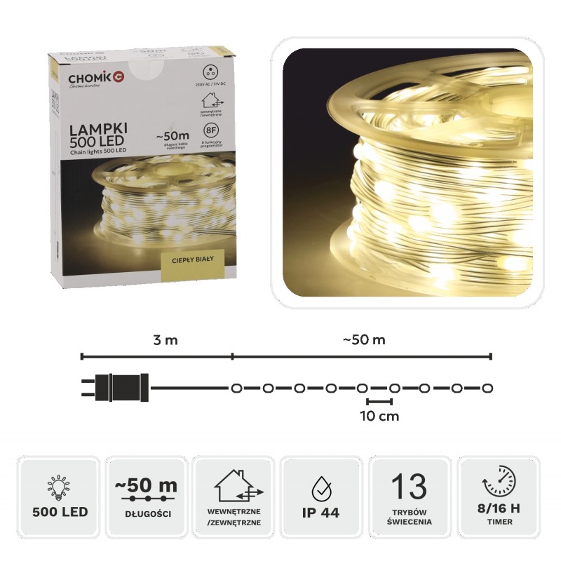 LED girlianda ant ritės, 500 LED, 53 m, šiltai balta