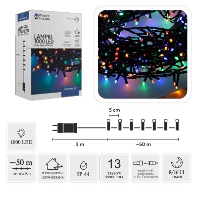 LED girlianda, 1000 LED, 53 m, spalvota