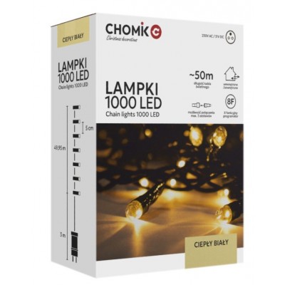 LED girlianda, 1000 LED, 53 m, šiltai balta