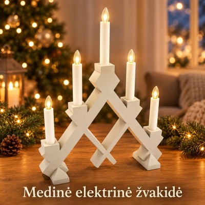 ŠVIESIAI PILKA medinė elektrinė žvakidė, 5 žvakių, 40 × 30 cm