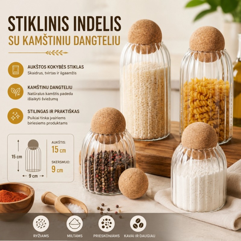 Stiklinis maisto saugojimo indas 15 CM.