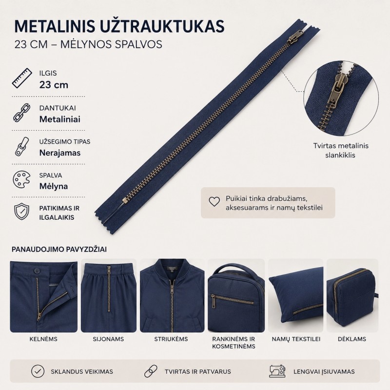 Metalinis užtrauktukas 24 cm – mėlynos spalvos