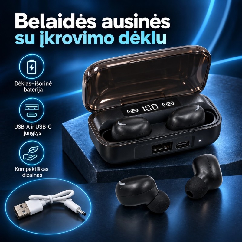 Belaidės Bluetooth ausinės su įkrovimo dėklu TR2474A
