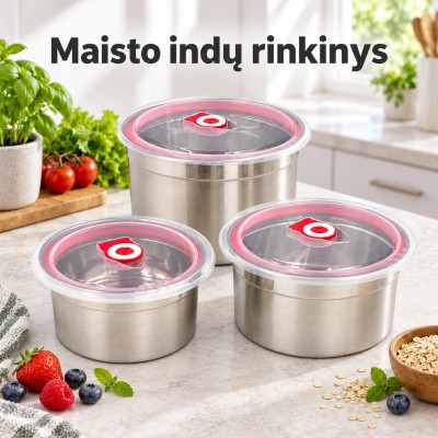 3 nerūdijančio plieno maisto indelių rinkinys su dangteliais