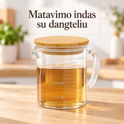 Stiklinis puodelis su bambukiniu dangteliu ir matavimo skale 250 ml