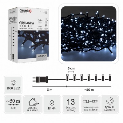 LED girlianda, 1000 LED, 53 m, šaltai balta