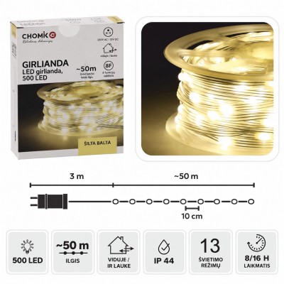 LED girlianda ant ritės, 500 LED, 53 m, šiltai balta