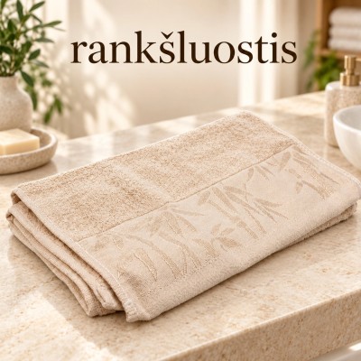 34 × 74 cm smėlio spalvos bambuko pluošto ir medvilnės rankšluostis su dekoratyviniu bambukų raštu