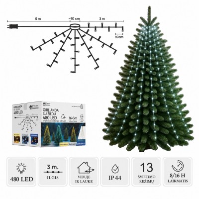 LED girlianda su žiedu, 16 × 3 m, 480 LED, šaltai balta