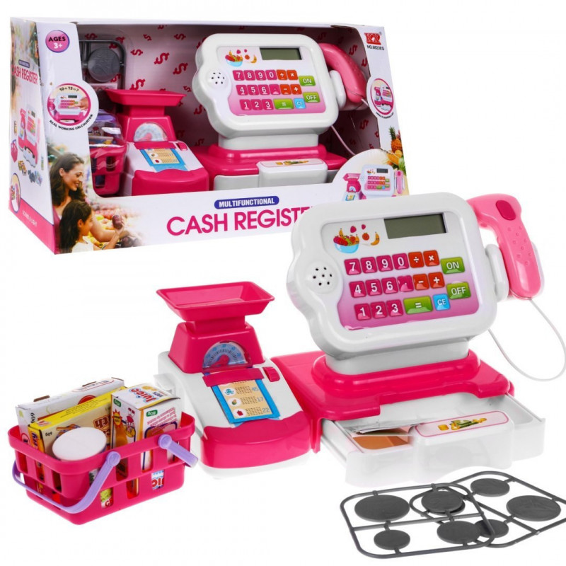 Žaislinis, rožinis kasos aparatas su krepšeliu